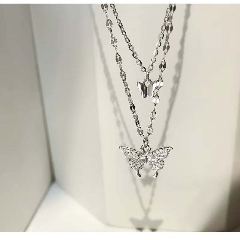 1 Women'S Lats Sparkling Double Layer Butterfly Necklace Exquisite Double Layer Collar Chain Jewelry Banquet Party Holiday Gift